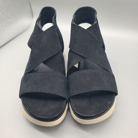 Eileen Fisher Chant  Black Leather/ Mesh Platform Wedge Sandal Sz 7.5 floor pair - Picture 4 of 10